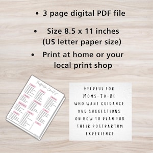 May include: A digital PDF file with a postpartum checklist and helpful guidance for moms-to-be. The file is 8.5 x 11 inches and can be printed at home or at a local print shop.