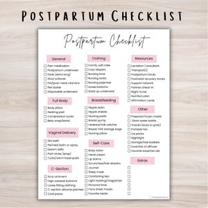 May include: A postpartum checklist on a white paper with black text. The checklist is divided into categories like General, Clothing, Breastfeeding, and Resources. Each category has a list of items, such as pain medication, nursing bras, and lactation consultant.