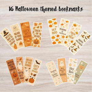 Peut inclure: Seize marque-pages sur le thème d'Halloween avec divers motifs. Chaque marque-page présente des couleurs d'automne, des citrouilles, des fantômes, des chauves-souris et des phrases comme "Trick or Treat" et "Happy Halloween". Les marque-pages sont rectangulaires.