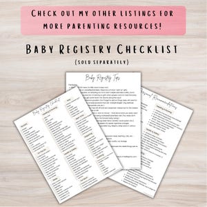 May include: A baby registry checklist and baby registry tips are displayed on white paper. The text "Baby Registry Checklist" and "Baby Registry Tips" are visible. The image also includes the text "Check out my other listings for more parenting resources!"