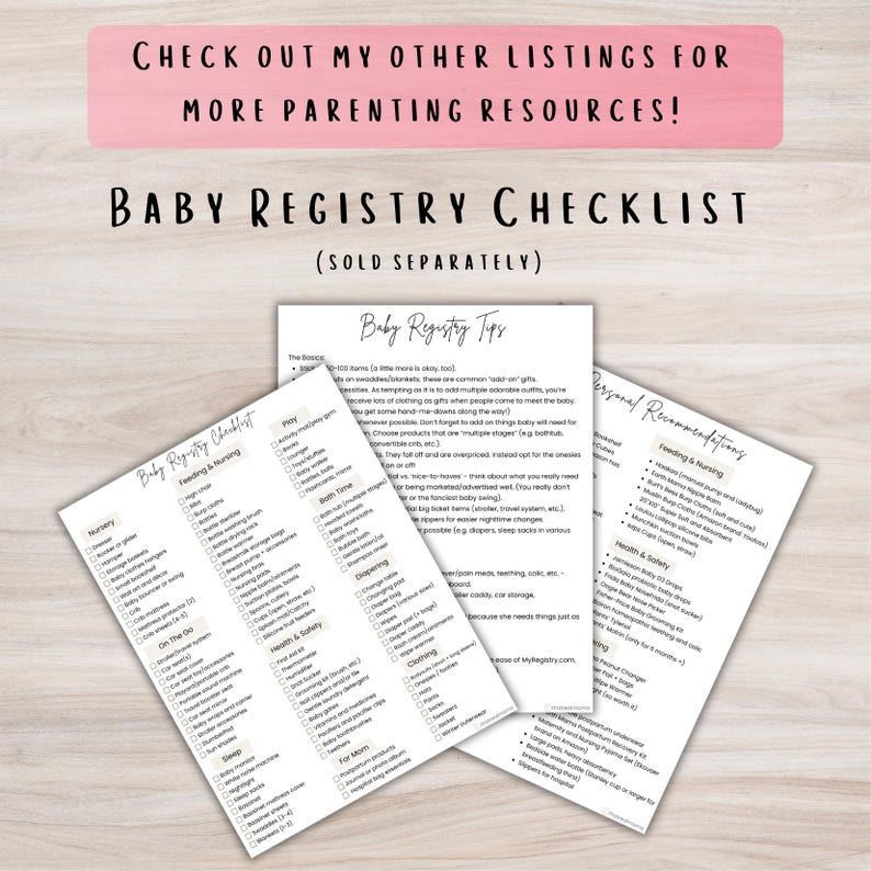 May include: A baby registry checklist and baby registry tips are displayed on white paper. The text "Baby Registry Checklist" and "Baby Registry Tips" are visible. The image also includes the text "Check out my other listings for more parenting resources!"