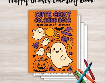 May include: A coloring book titled "Happy Ghosts Coloring Book" with a cover featuring cartoon ghosts, a pumpkin, and the text "Cute Cozy Coloring Book - Happy Ghosts of Halloween." Crayons in various colors are scattered nearby.