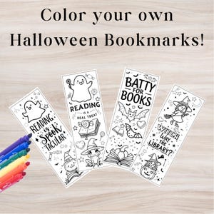May include: Four black and white Halloween-themed bookmarks with illustrations and text, including ghosts, bats, and witches. The text on the bookmarks reads "Reading is Spooktacular," "Reading is a Real Treat," "Batty for Books," and "Witch Way to the Library?"