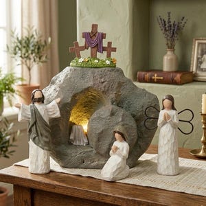 Set di Pasqua in legno per la Resurrezione, scena della tomba vuota di Gesù risorto, decorazioni pasquali cristiane, scena della Resurrezione in legno fatta a mano, regali di Pasqua