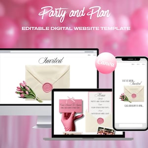 Può includere: Un modello di sito web digitale con il testo "Party and Plan" e "Editable Digital Website Template". Il design include un computer desktop, un laptop e uno smartphone che mostrano modelli di invito con accenti rosa e la parola "Invited".
