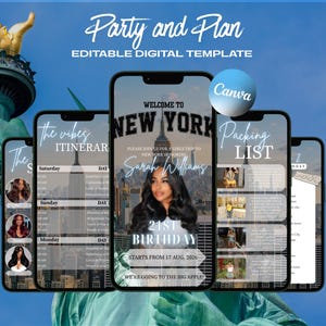 May include: A digital party and plan template displayed on five smartphones. The screens feature text that reads "Party and Plan," "Editable Digital Template," and "Welcome to New York." The central phone displays a photo of a woman and the text "21st Birthday."