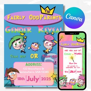 May include: A gender reveal invitation featuring characters from "The Fairly OddParents." The design includes the text "Gender Reveal," "Team Boy or Team Girl," and event details. A smartphone displays a matching invitation.