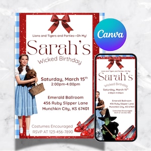 May include: A party invitation with a Wizard of Oz theme. The invitation features the text "Sarah's Wicked Birthday" and event details. A woman in a blue dress and a dog are on the left. A smartphone displays the same design.