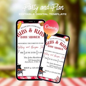Könnte beinhalten: Zwei Smartphones, die eine Babyparty-Einladung mit dem Text "Bibs & Ribs" anzeigen. Die Einladung zeigt ein rot-weiß kariertes Muster, eine Grill-Illustration und Details zur Veranstaltung, einschließlich Datum, Uhrzeit und Ort.