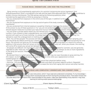 Puede incluir: Formulario de consentimiento para bronceado en spray de Graced & Golden. Incluye instrucciones, advertencias y secciones de firma. Detalla la aplicación de DHA, protección de la piel y cuidados posteriores.