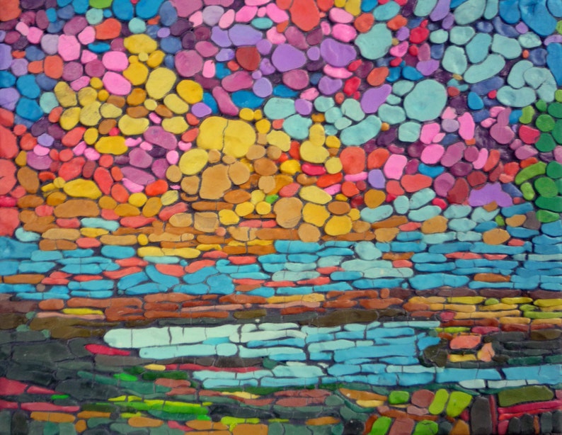 Original mosaic artwork painting porcelain lanscape river sky house GeeBeeArt