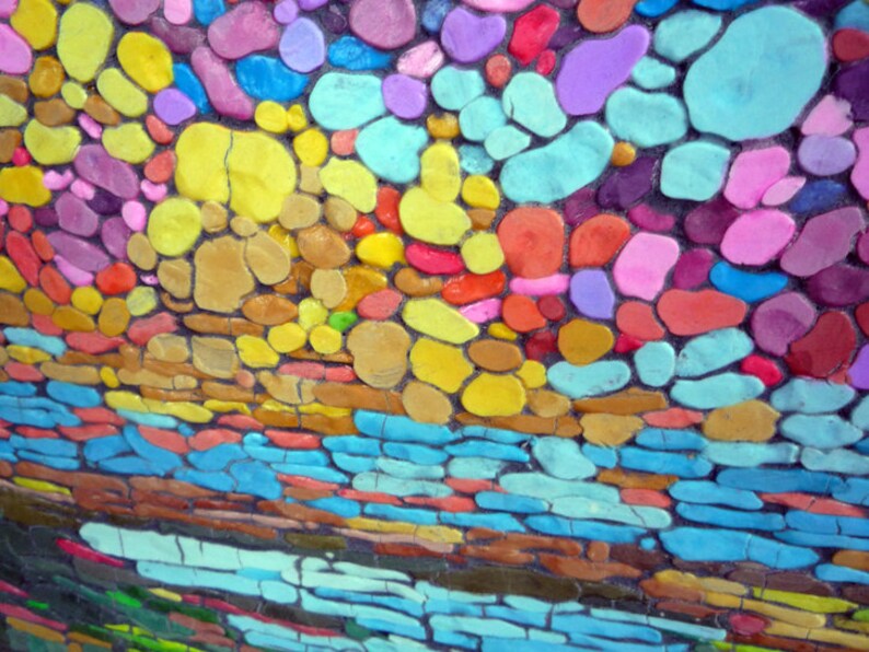 Original mosaic artwork painting porcelain lanscape river sky house GeeBeeArt