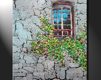 Original mosaic artwork painting porcelain window old house flowers GeeBeeArt