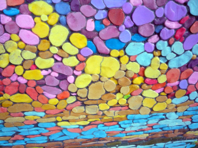 Original mosaic artwork painting porcelain lanscape river sky house GeeBeeArt