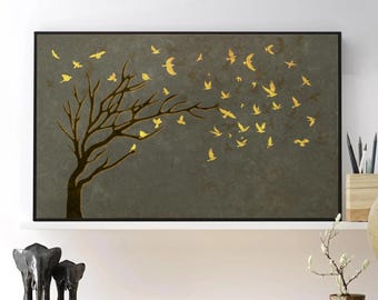 Minimalist Neutral Toned Abstract Nature Print, Gold Flying Birds, Flock of Birds Print, Abstract Nature Art, Metallic Gold Decor