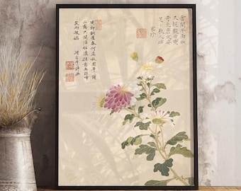 Chrysanthemum Chinese Painting Print, Beige Floral Botanical Art