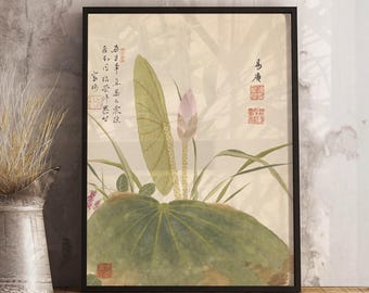 Lotus Flower Painting Print, Zen Asian Botanical Wall Art