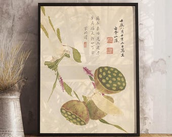Lotus Seed Pod Print, Chinese Ink Wash, Botanical Wall Art
