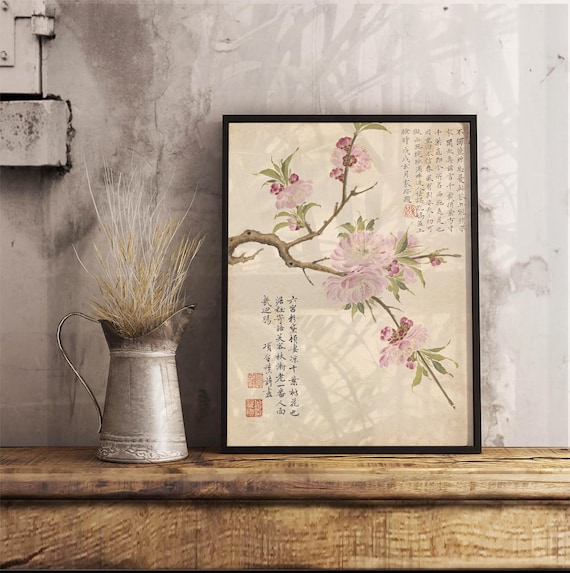 Peach Blossom Chinese Painting Print, Chinese Wall Art, Botanical Zen Wall Art