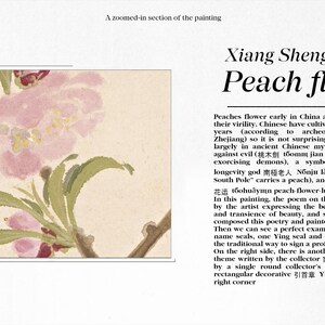 May include: A zoomed-in section of a painting featuring peach blossoms. The artwork, titled "Peach Flowers," showcases delicate pink and red flowers with green leaves against a light background. Text includes the artist's name and historical context.