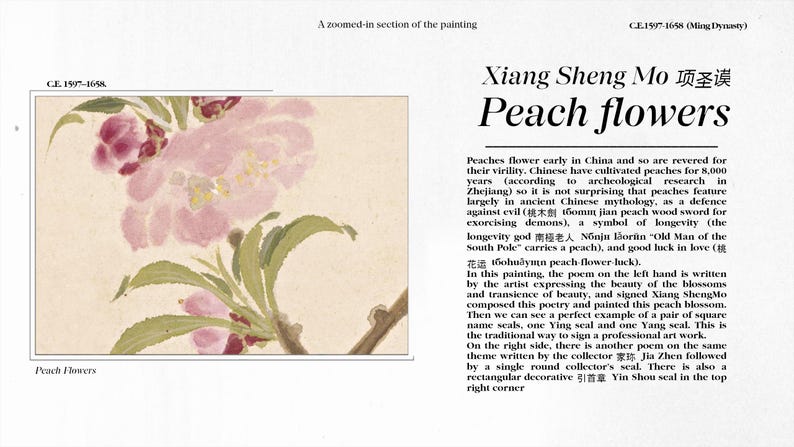 May include: A zoomed-in section of a painting featuring peach blossoms. The artwork, titled "Peach Flowers," showcases delicate pink and red flowers with green leaves against a light background. Text includes the artist's name and historical context.