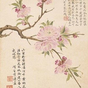 May include: Watercolor painting of a flowering peach branch with pink blossoms and green leaves. The artwork includes Chinese calligraphy and red seals, set against a cream-colored background.