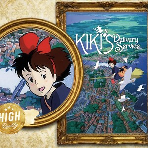 K&ouml;nnte beinhalten: Ein gerahmter Druck mit Kunstwerken aus "Kikis kleiner Lieferservice". Der Druck enth&auml;lt ein rundes Portr&auml;t von Kiki und ein gr&ouml;&szlig;eres Bild von Kiki, die &uuml;ber einer Stadt fliegt. Der Text "Kiki's Delivery Service" ist sichtbar.