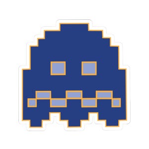 May include: A sticker featuring a pixelated blue ghost with a yellow outline. The ghost has two square eyes and a jagged mouth, reminiscent of classic arcade game characters. The sticker is white around the edges.