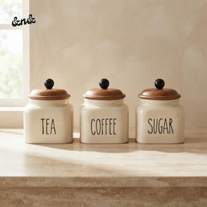 Juego de tarros de cerámica para té, café y azúcar / Botes de almacenamiento de cocina herméticos con tapas y cucharas de madera, 650 ml, paquete de 3