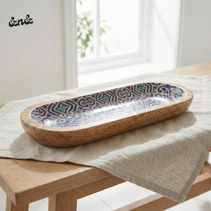 Mango Wood Resin Serving Tray | Vintage Decorative Platter | Tea Breakfast Coffee Table Organizer Tray