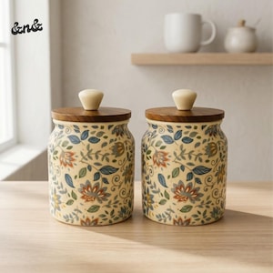 Airtight Ceramic Storage Jar Set of 2 Moroccan Floral Kitchen Canister with Wooden Lid Cookie Tea Coffee Sugar Dry Fruit Jar