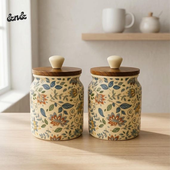 Airtight Ceramic Storage Jar Set of 2 Moroccan Floral Kitchen Canister with Wooden Lid Cookie Tea Coffee Sugar Dry Fruit Jar