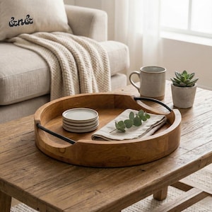 Bandeja de madera de hierro para servir / Bandeja rústica redonda de madera con asas de metal / Bandeja decorativa para café y aperitivos