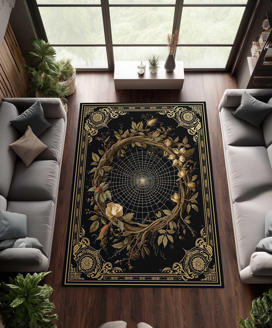 Spider Wed Rug Botanical Spider Web Wreath Area Rug With Floral Design, Gothic Dark ...