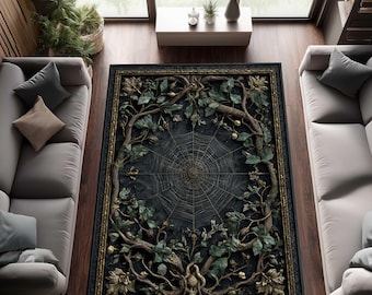 Dark Botanical Spiderweb Area Rug – Gothic Black Floral Carpet, Victorian Style Cottagecore Decor, Witchy Dark Academia Home