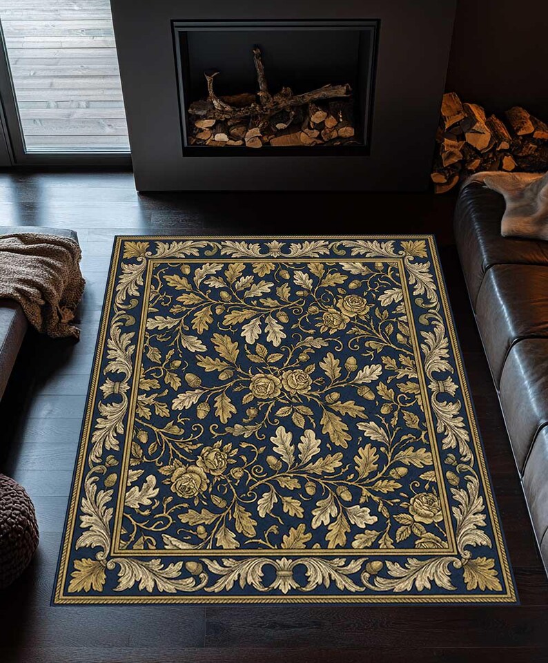 Blue Gold Oak Leaf Rug, Victorian Botanical Area Carpet, French Country ...