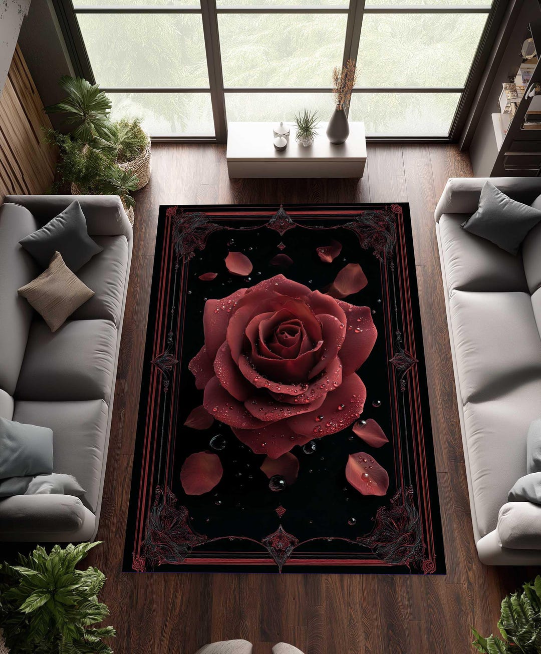 Black Rose Rug – Rustic Floral Area Rug, Traditional Flower Decor - Etsy