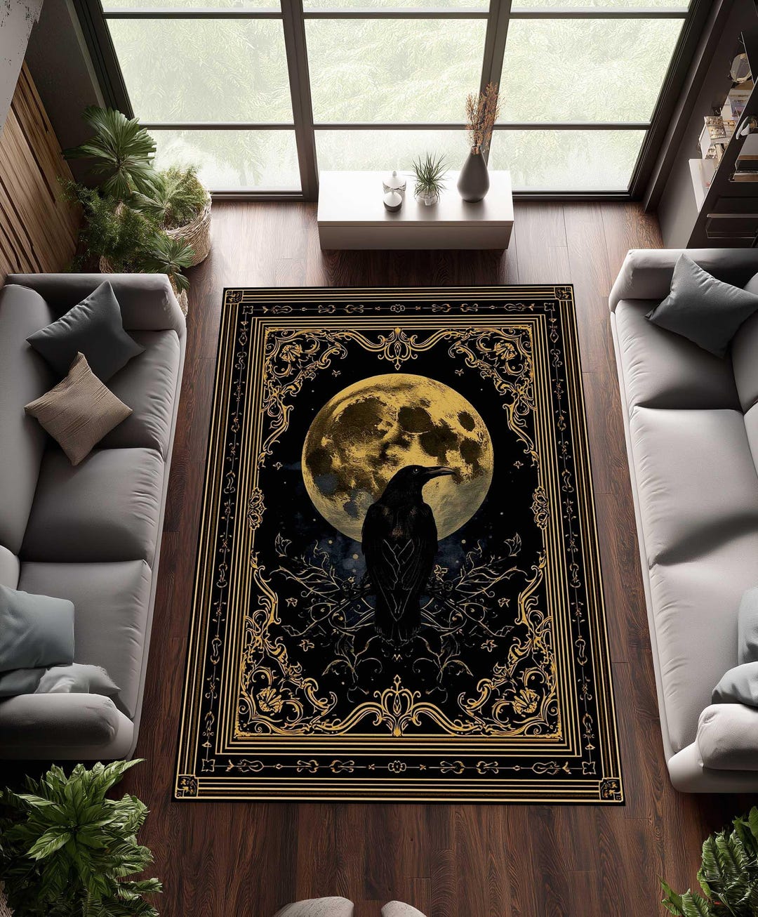 Gothic Raven Moon Rug, Black Gold Celestial Area Rug, Dark Academia ...