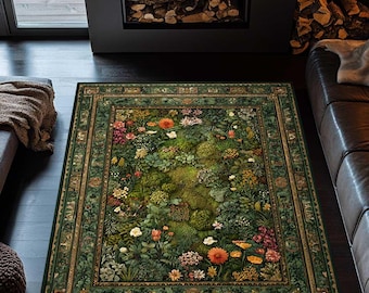 Botanischer Moosteppich, Cottagecore Wildblumenteppich, Grüner Naturteppich, Waschbarer Teppich im Farmhaus-Stil, Pflanzeninspiriertes Dekor für Wohnzimmer
