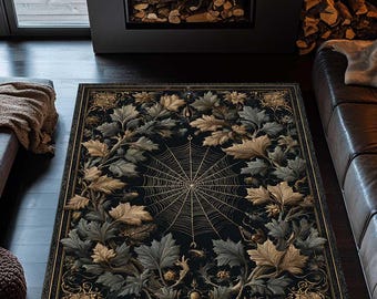 Gothic Botanical Spiderweb Rug Dark Floral Victorian Carpet for Living Room, Witchy Cottagecore Decor, Moody Academia Style