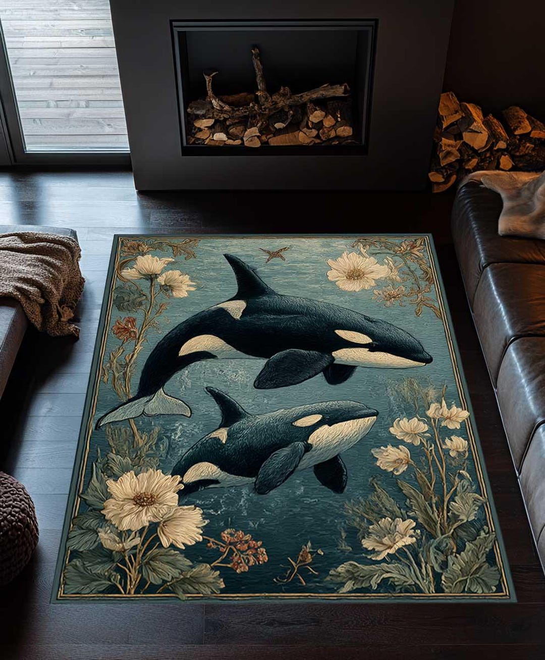 Vintage Orca Whale Rug, Coastal Ocean Area Carpet, Floral Marine Life ...