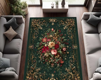 Châteaucore Rose Floral Rug, French Cottage Pastel Carpet for Living Room