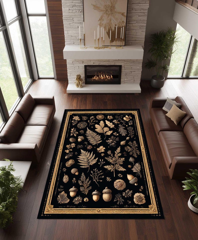 Dark Cottagecore Botanical Rug, Black Gold Floral Decor - Etsy