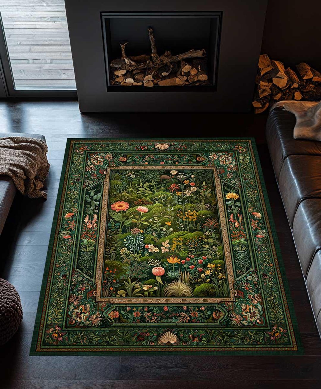Plant Rug Green Botanical Area Rug, Cottagecore Wildflower Carpet, Washable Plant ...