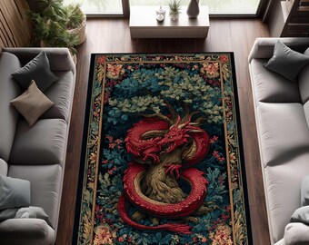 Mittelalter Drachen Teppich: Barocker Fantasy Wandteppich, Fabelwesen Feenkern Dekor, Goblinkern Waldakzent