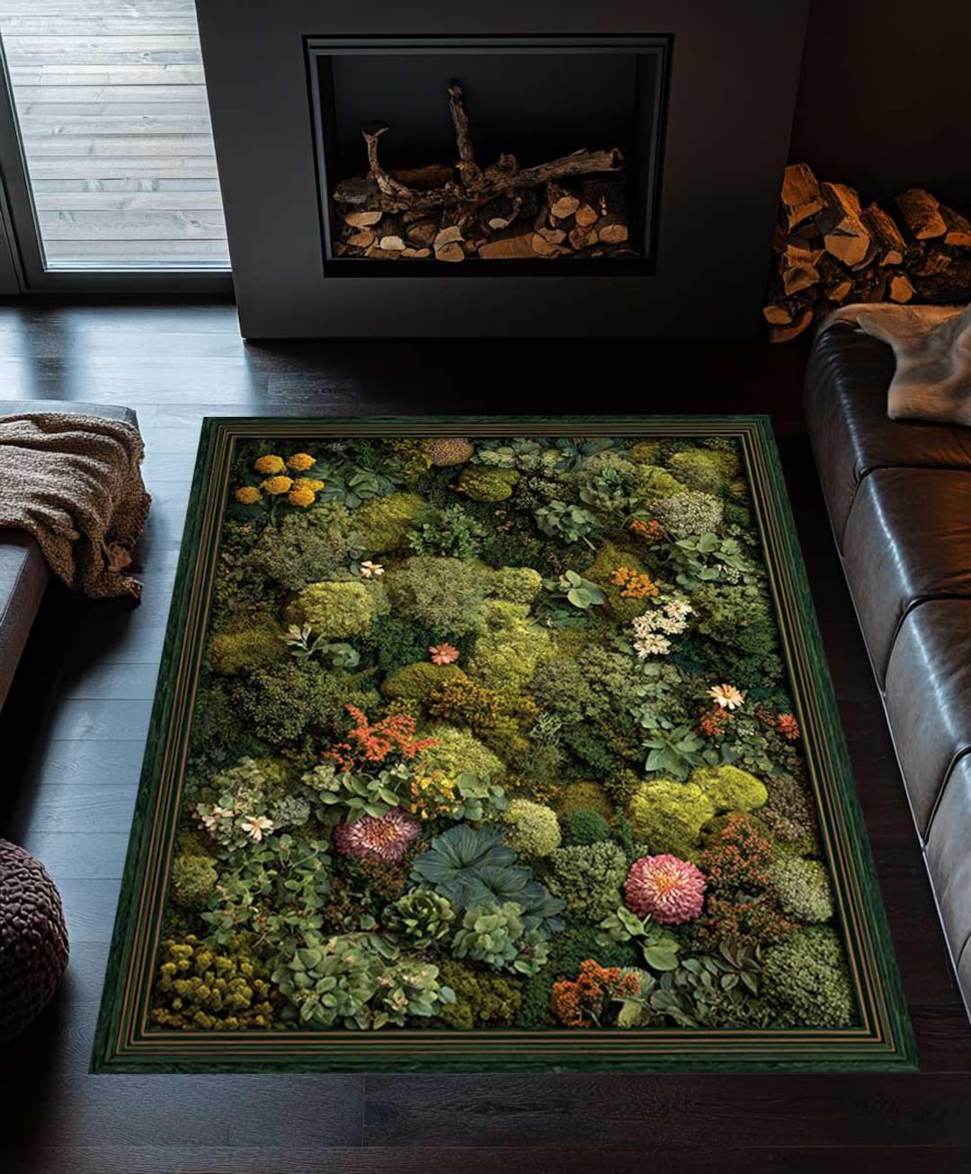 Nature Green Rug, Botanical Moss Carpet, Wildflower Washable Area Rug ...