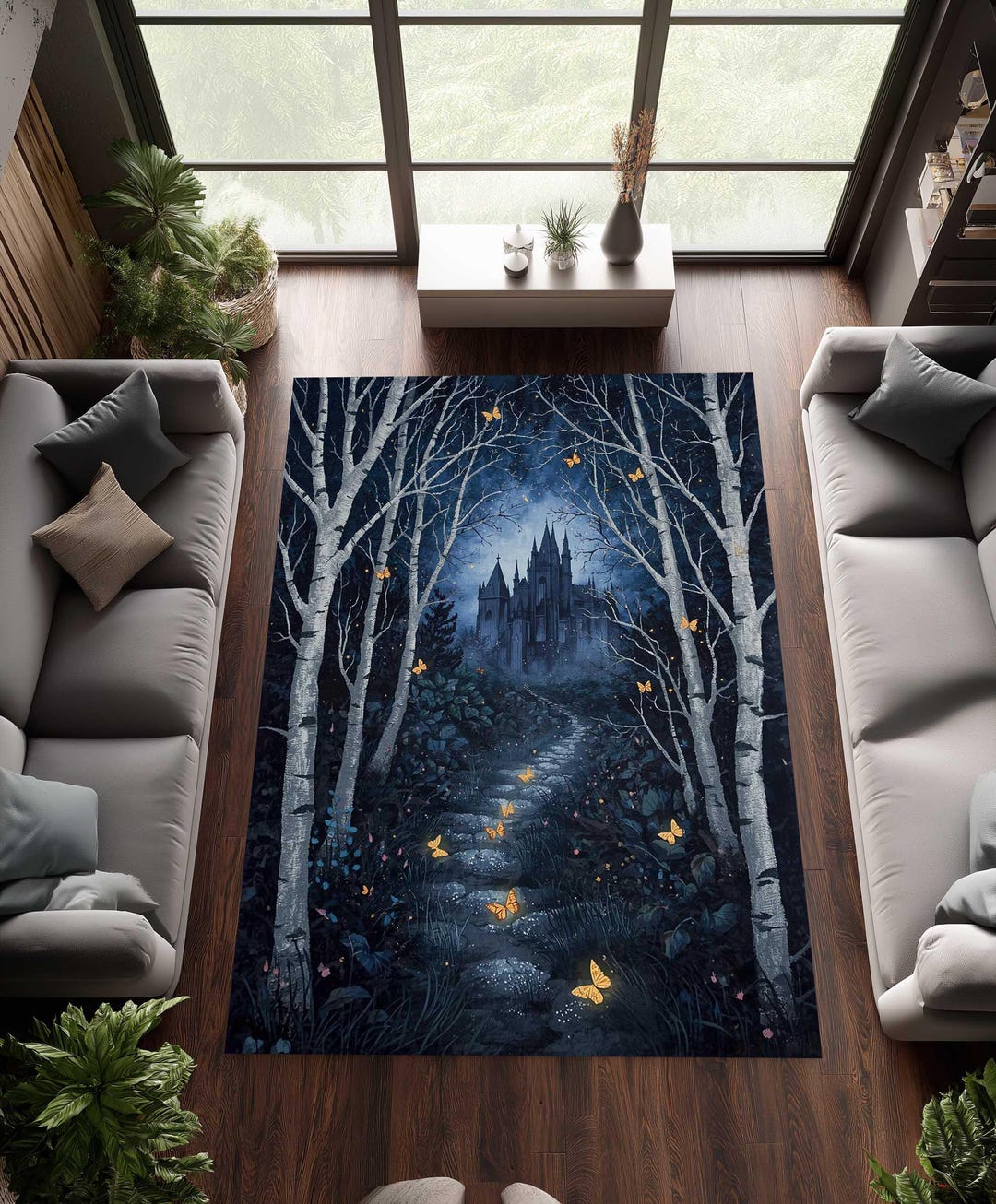 Knight Castle Rug Enchanted Gothic Castle Rug, Moonlit Forest Path Area Carpet, Dark ...