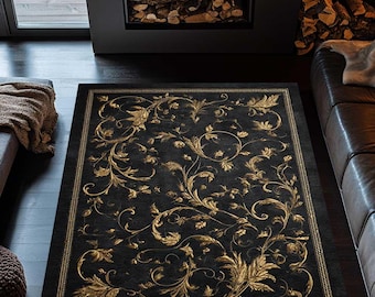 Black Gold Rug – Natural Fur Shaggy Sheepskin Carpet, Soft Leather Look Fur Rug, Luxury Black Sheepskin Decor