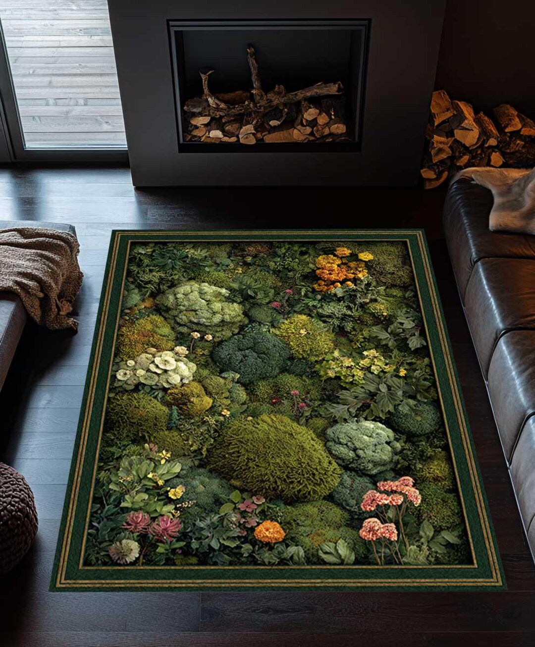 Green Moss Rug, Botanical Wildflower Carpet, Cottagecore Inspired Area ...