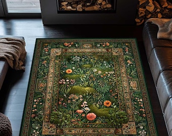 Tapete botânico natural, tapete cottagecore de flores silvestres, tapete verde lavável, decoração para área de plantas, tapete para sala de estar estilo fazenda